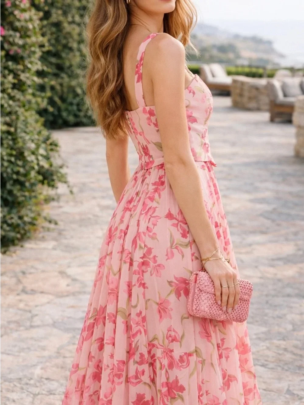 Floral Pink Maxi Dress with Spaghetti Straps